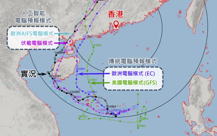 2025 香港天文台 (HKO) 天氣雷達與預報，丹娜絲直角轉彎再轉彎