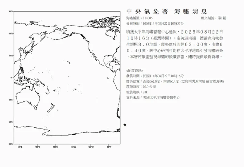 德雷克海峽 地震與海嘯消息，南極洲規模8.0震撼發布
