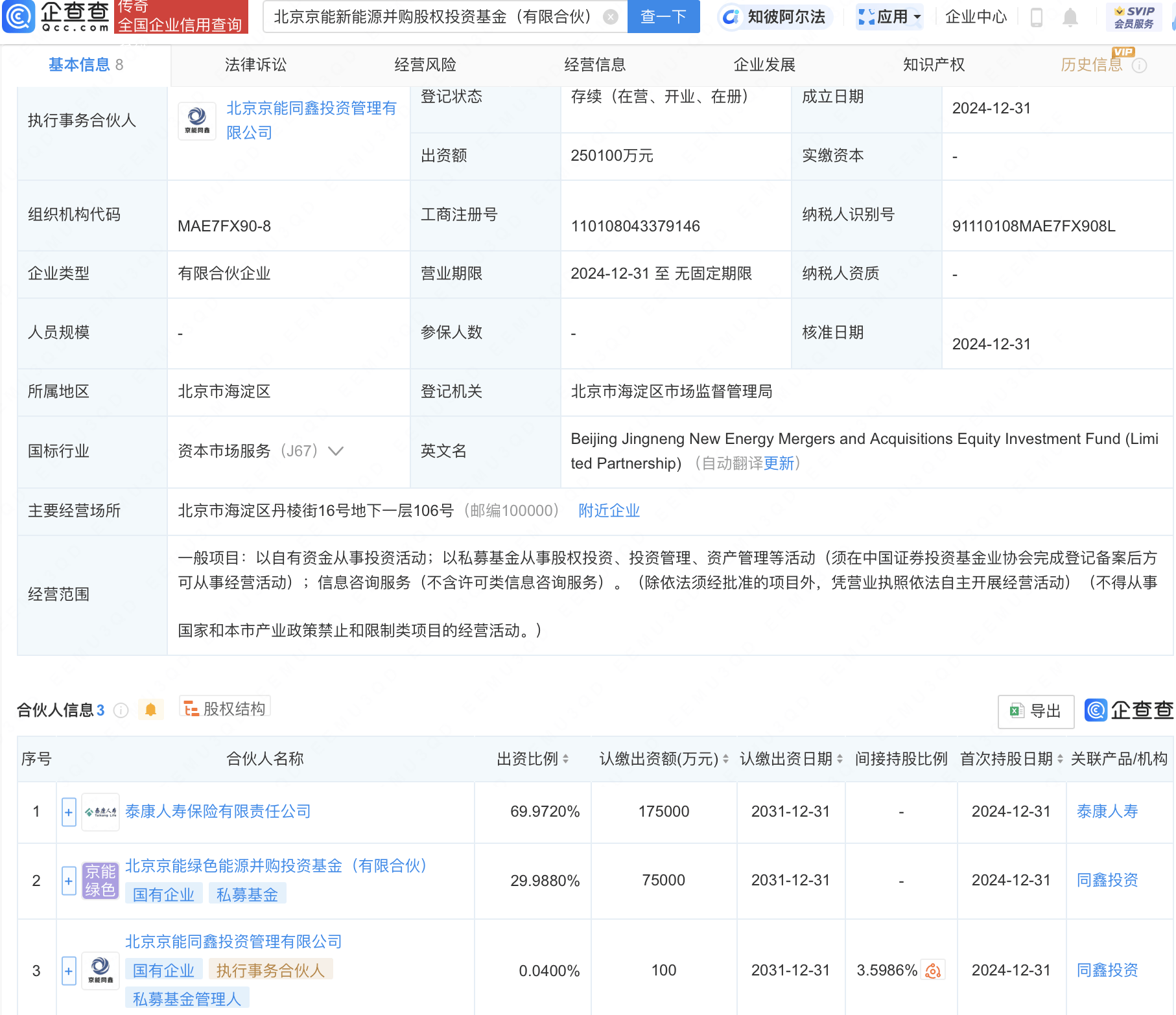 北京京能新能源并购基金成立，泰康人寿等参与投资，规模达25亿