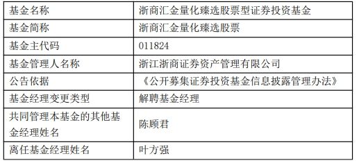 浙商汇金量化臻选股票基金经理叶方强离任：解读事件背后及对市场的影响