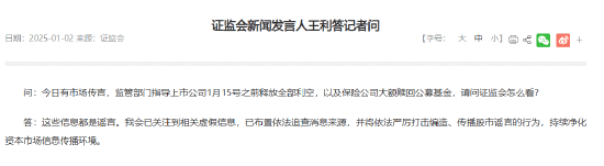 证监会辟谣：上市公司1月15日前释放全部利空及保险公司大额赎回公募基金均为谣言