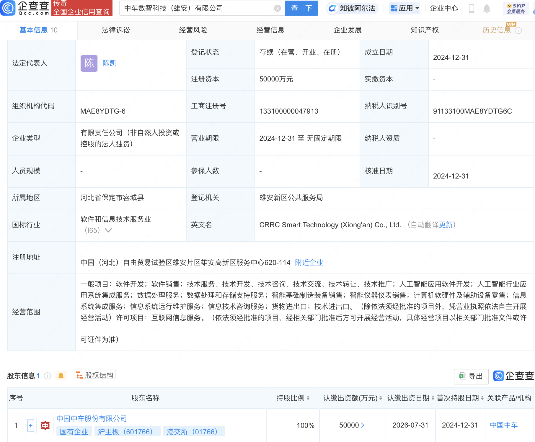 中车数智科技（雄安）有限公司成立，注册资本5亿元，布局人工智能产业