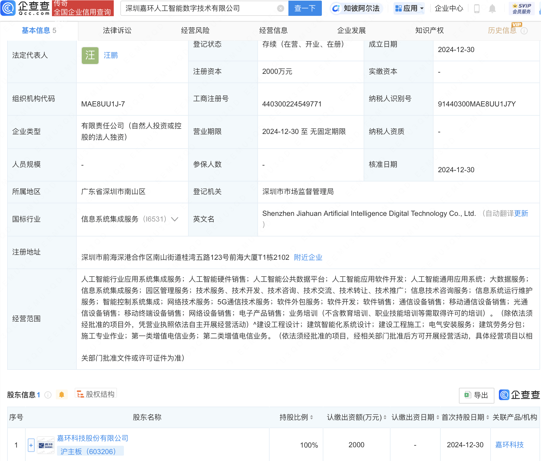 嘉环科技成立全资子公司，进军人工智能领域