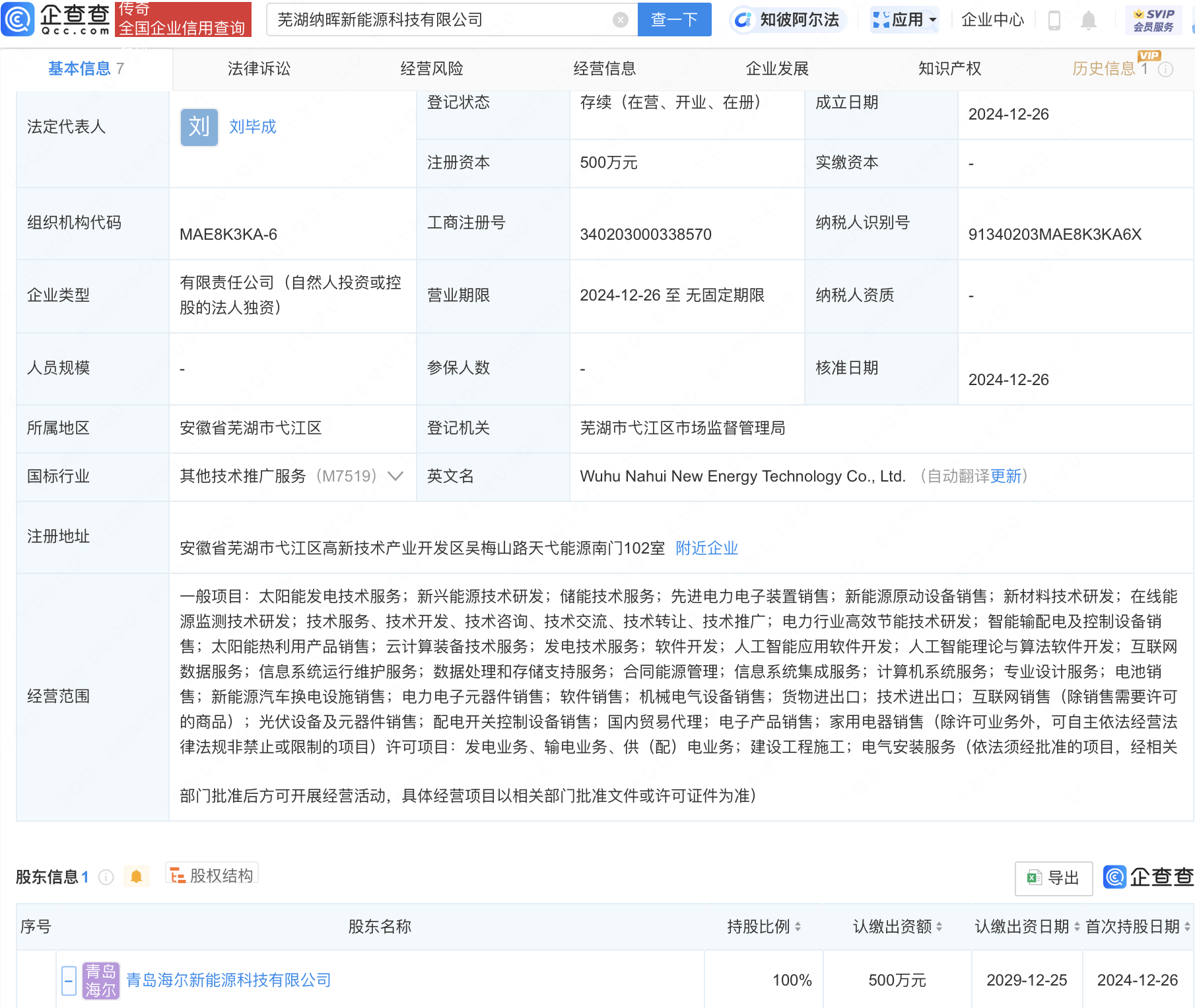 海尔布局新能源：芜湖纳晖新能源科技有限公司成立，剑指AI与软件开发