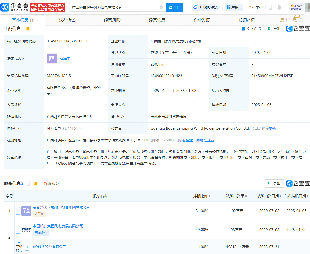 中船科技布局风电：广西博白两风力发电公司成立，探寻区块链技术应用潜力